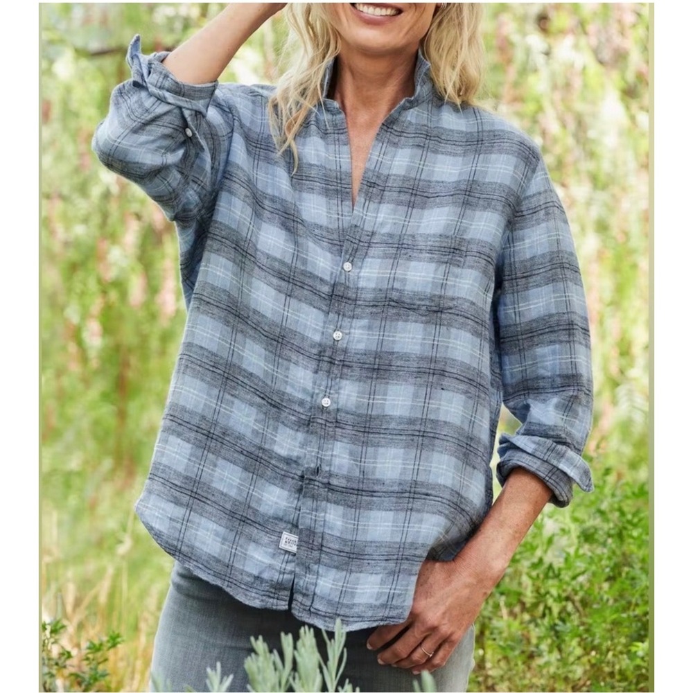 Frank & Eileen Eileen Blue Grey Plaid 100%Soft  Linen Button Down Shirt Large